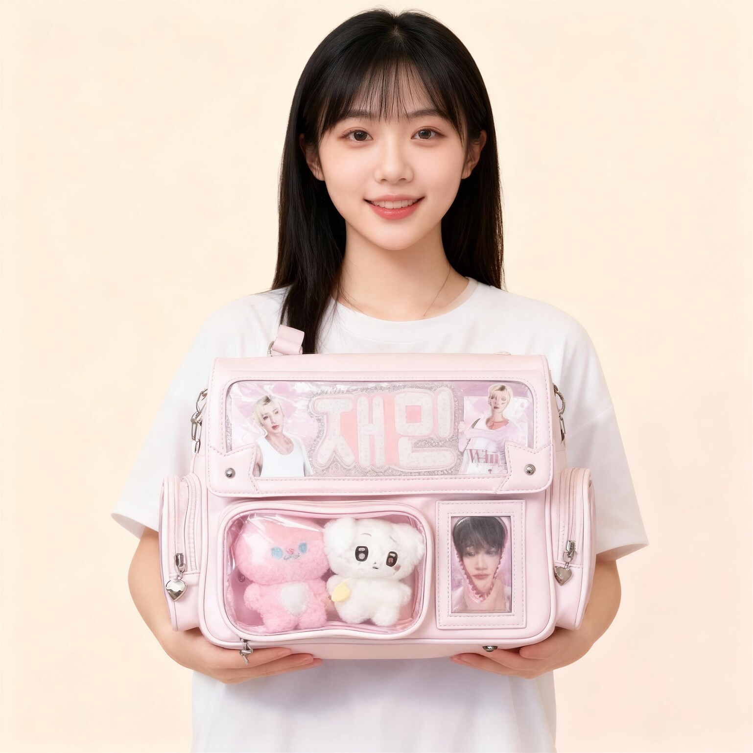 Pink Kawaii Ita Tote Bag with Clear Window for Plushies and Pins Pink Kawaii Ita Tote Bag with Clear Window for Plushies and Pins — ita tote bag detail view