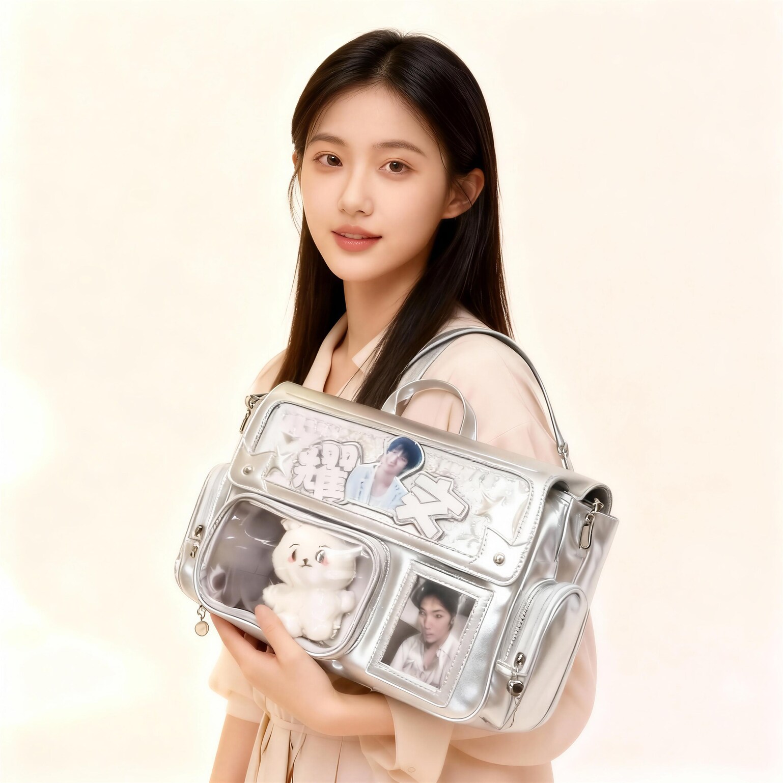Pink Kawaii Ita Tote Bag with Clear Window for Plushies and Pins Pink Kawaii Ita Tote Bag with Clear Window for Plushies and Pins — ita tote bag detail view