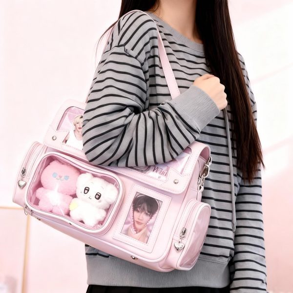 Pink Kawaii Ita Tote Bag with Clear Window for Plushies and Pins — ita tote bag with clear display window
