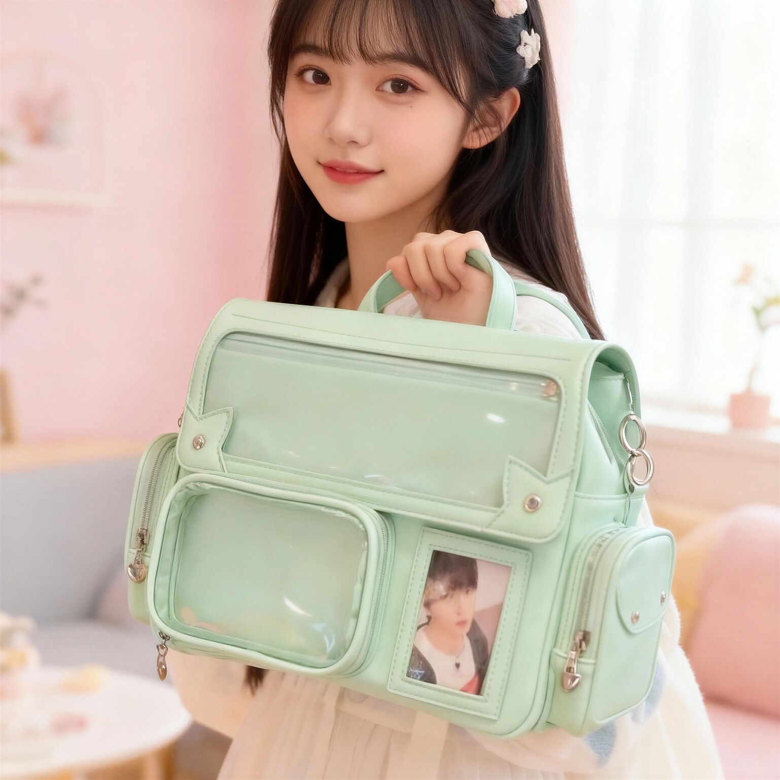Pink Kawaii Ita Tote Bag with Clear Window for Plushies and Pins Pink Kawaii Ita Tote Bag with Clear Window for Plushies and Pins — ita tote bag detail view