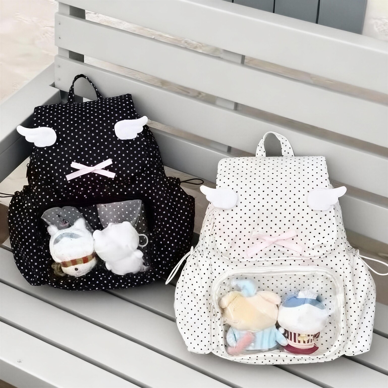 Pink Kawaii Y2K Ita Backpack with Clear Window for Plushies and Pins Pink Kawaii Y2K Ita Backpack with Clear Window for Plushies and Pins — ita backpack detail view