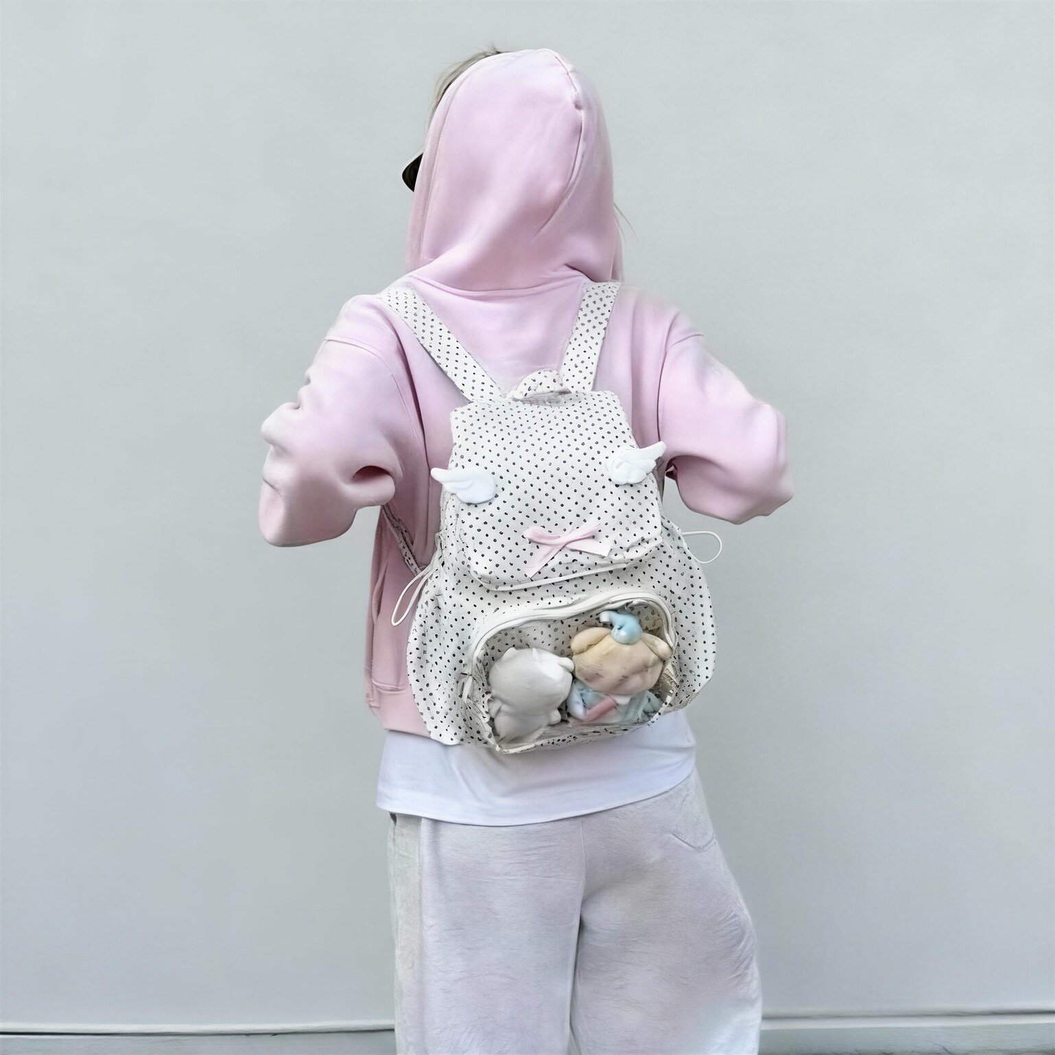 Pink Kawaii Y2K Ita Backpack with Clear Window for Plushies and Pins Pink Kawaii Y2K Ita Backpack with Clear Window for Plushies and Pins — ita backpack with clear display window