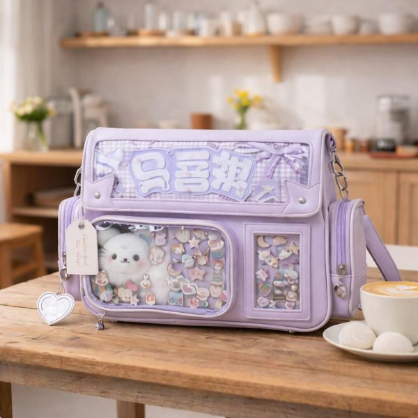 Purple Ita Shoulder Bag with Clear Window for Plushies and Pins — crossbody ita bag with clear display window