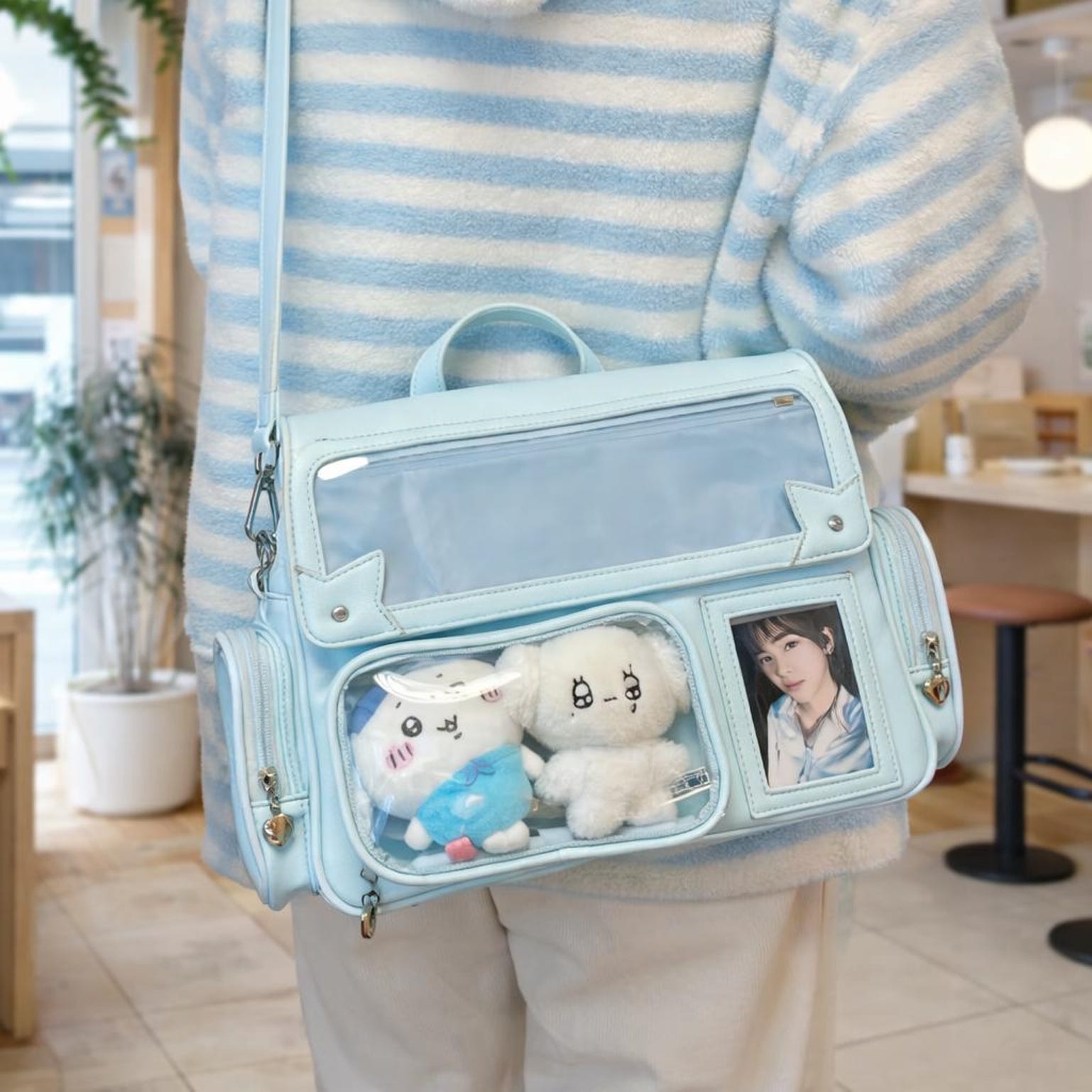 Purple Ita Shoulder Bag with Clear Window for Plushies and Pins Purple Ita Shoulder Bag with Clear Window for Plushies and Pins — crossbody ita bag detail view