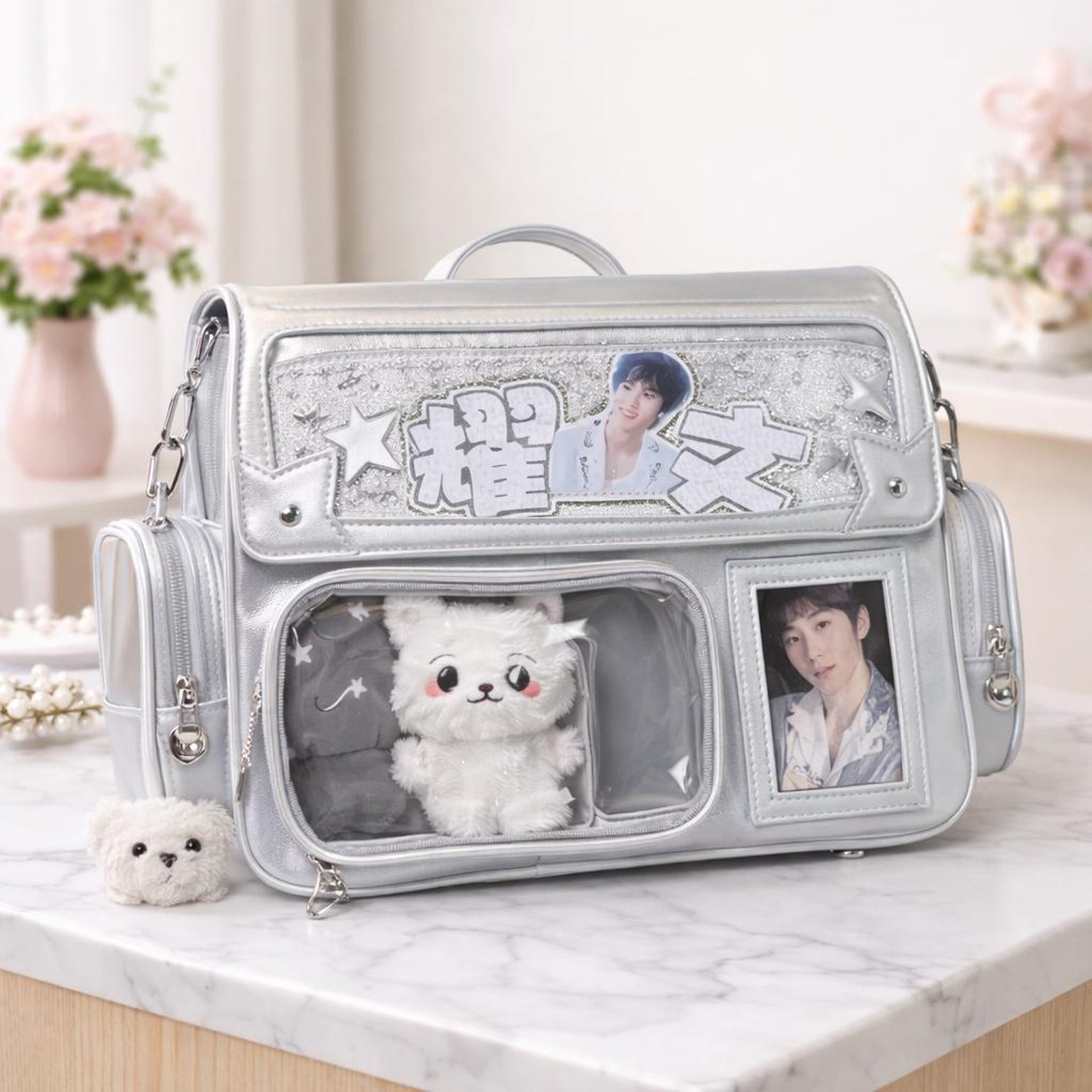 Purple Ita Shoulder Bag with Clear Window for Plushies and Pins Purple Ita Shoulder Bag with Clear Window for Plushies and Pins — crossbody ita bag detail view