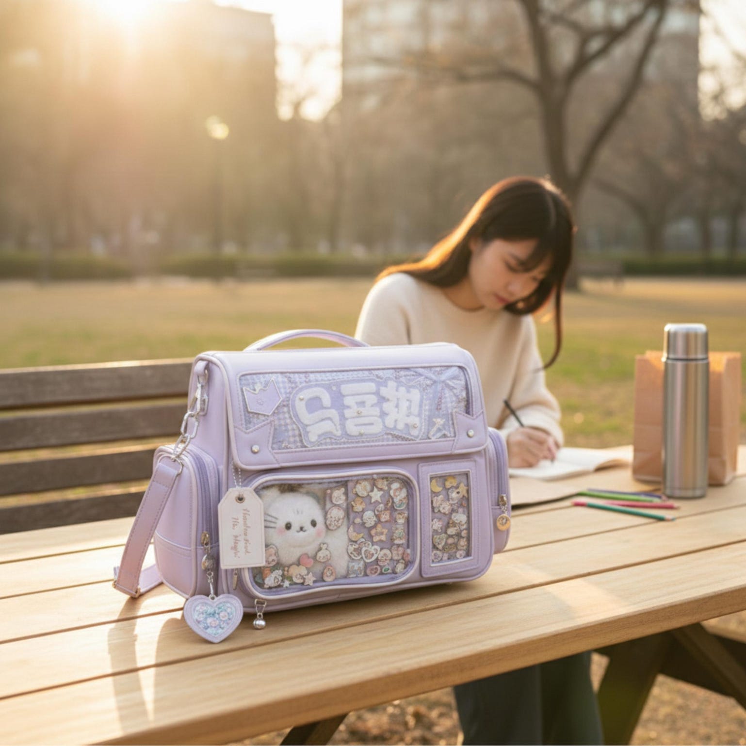 Purple Ita Shoulder Bag with Clear Window for Plushies and Pins Purple Ita Shoulder Bag with Clear Window for Plushies and Pins — crossbody ita bag detail view