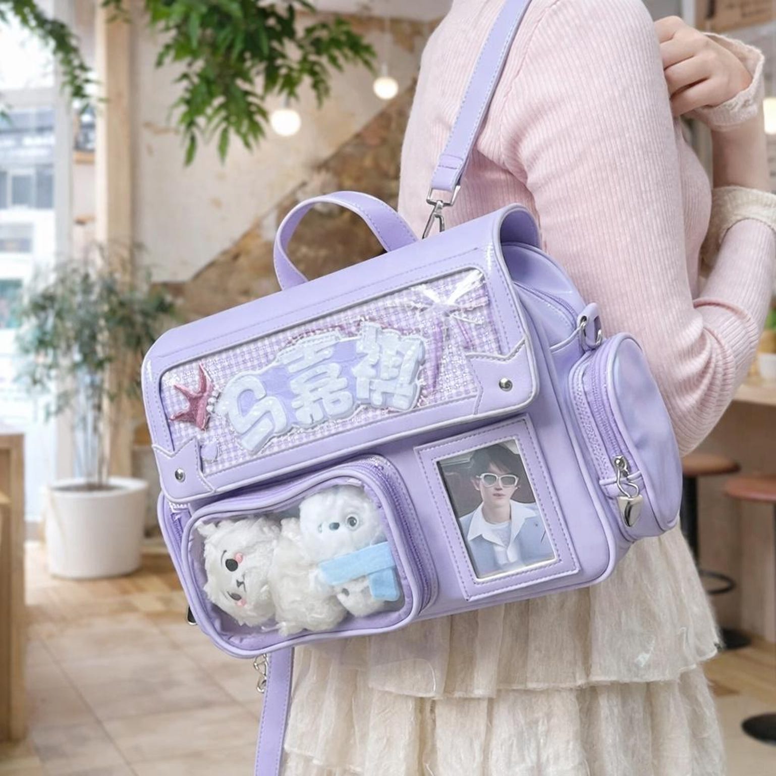 Purple Ita Shoulder Bag with Clear Window for Plushies and Pins Purple Ita Shoulder Bag with Clear Window for Plushies and Pins — crossbody ita bag detail view