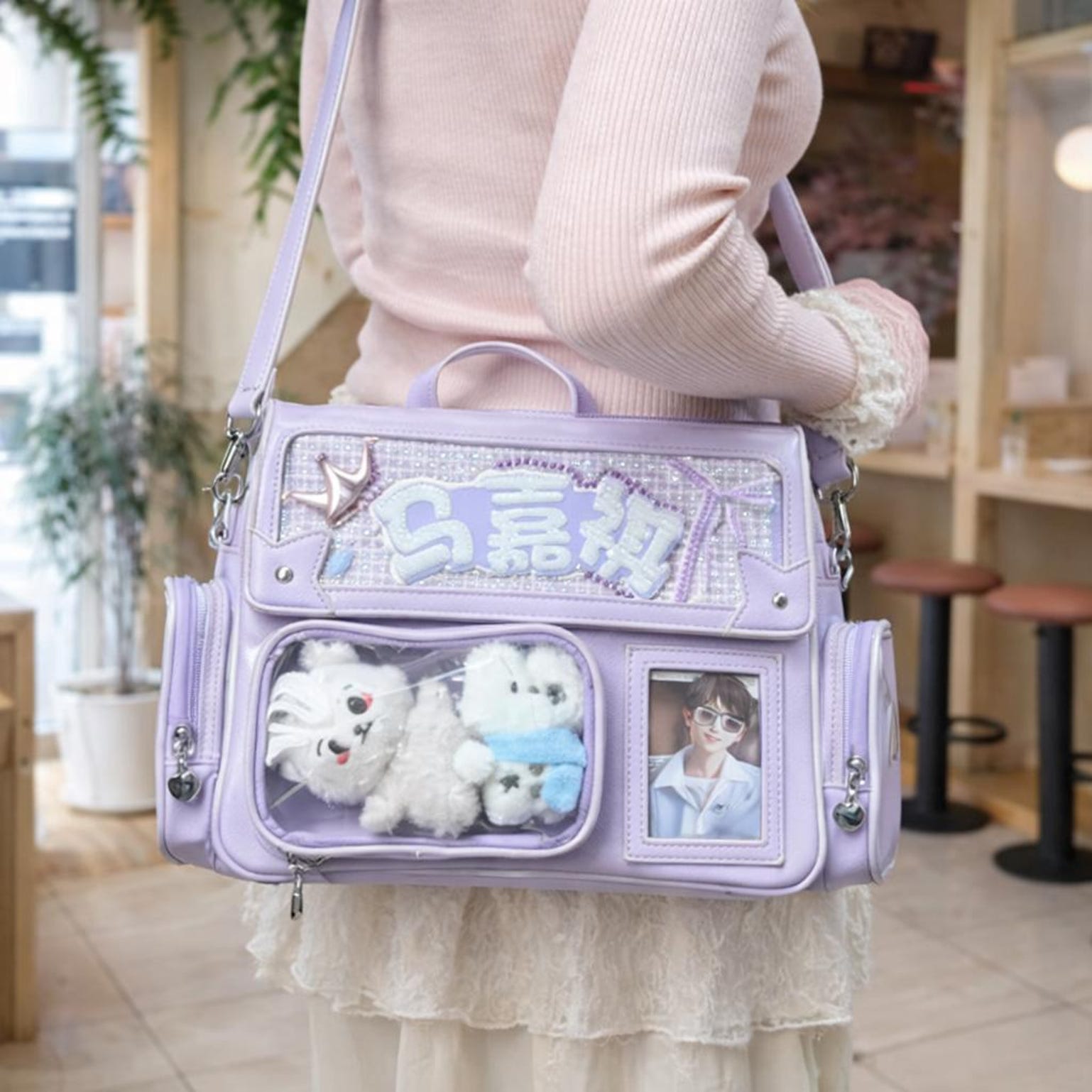 Purple Ita Shoulder Bag with Clear Window for Plushies and Pins Purple Ita Shoulder Bag with Clear Window for Plushies and Pins — crossbody ita bag detail view