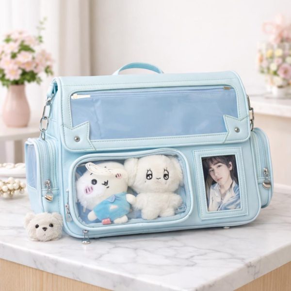 Purple Ita Shoulder Bag with Clear Window for Plushies and Pins — crossbody ita bag detail view