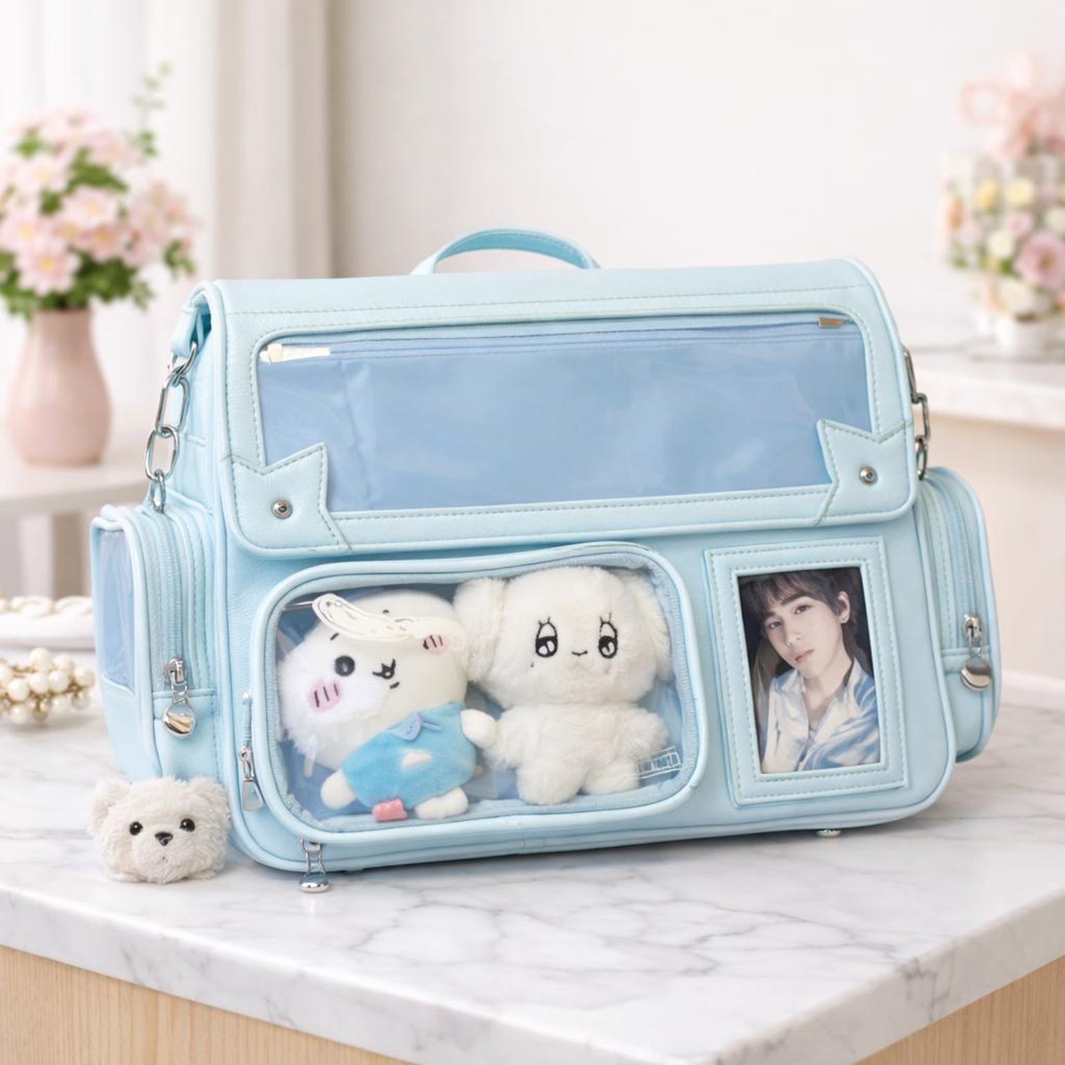 Purple Ita Shoulder Bag with Clear Window for Plushies and Pins Purple Ita Shoulder Bag with Clear Window for Plushies and Pins — crossbody ita bag detail view