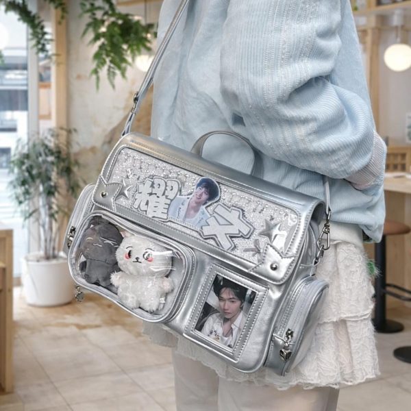Purple Ita Shoulder Bag with Clear Window for Plushies and Pins — crossbody ita bag detail view