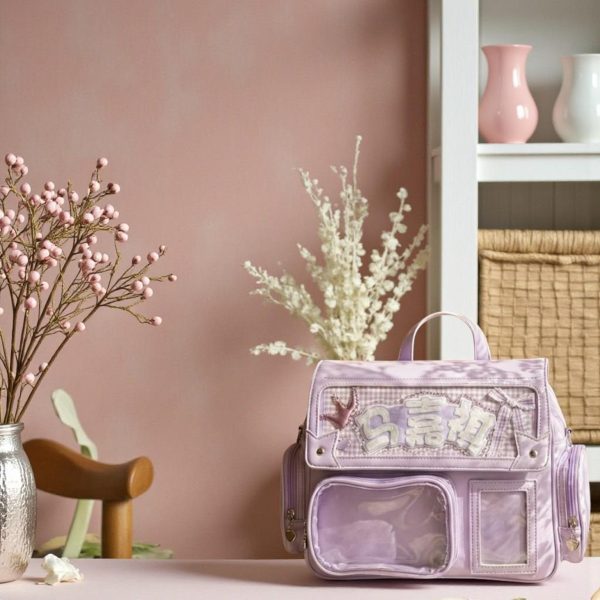 Purple Kawaii Convertible Ita Bag with Clear Window for Pin Display — ita bag detail view
