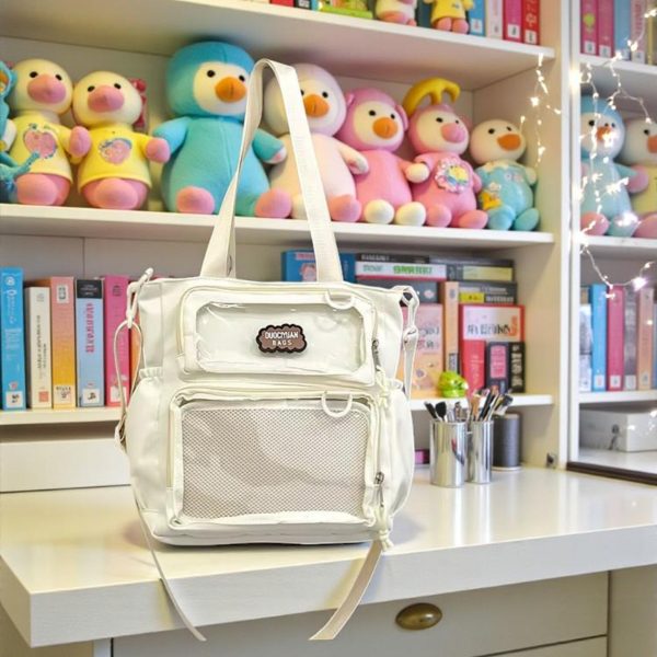 Purple Kawaii Convertible Ita Bag with Clear Window for Pin Display — ita bag detail view