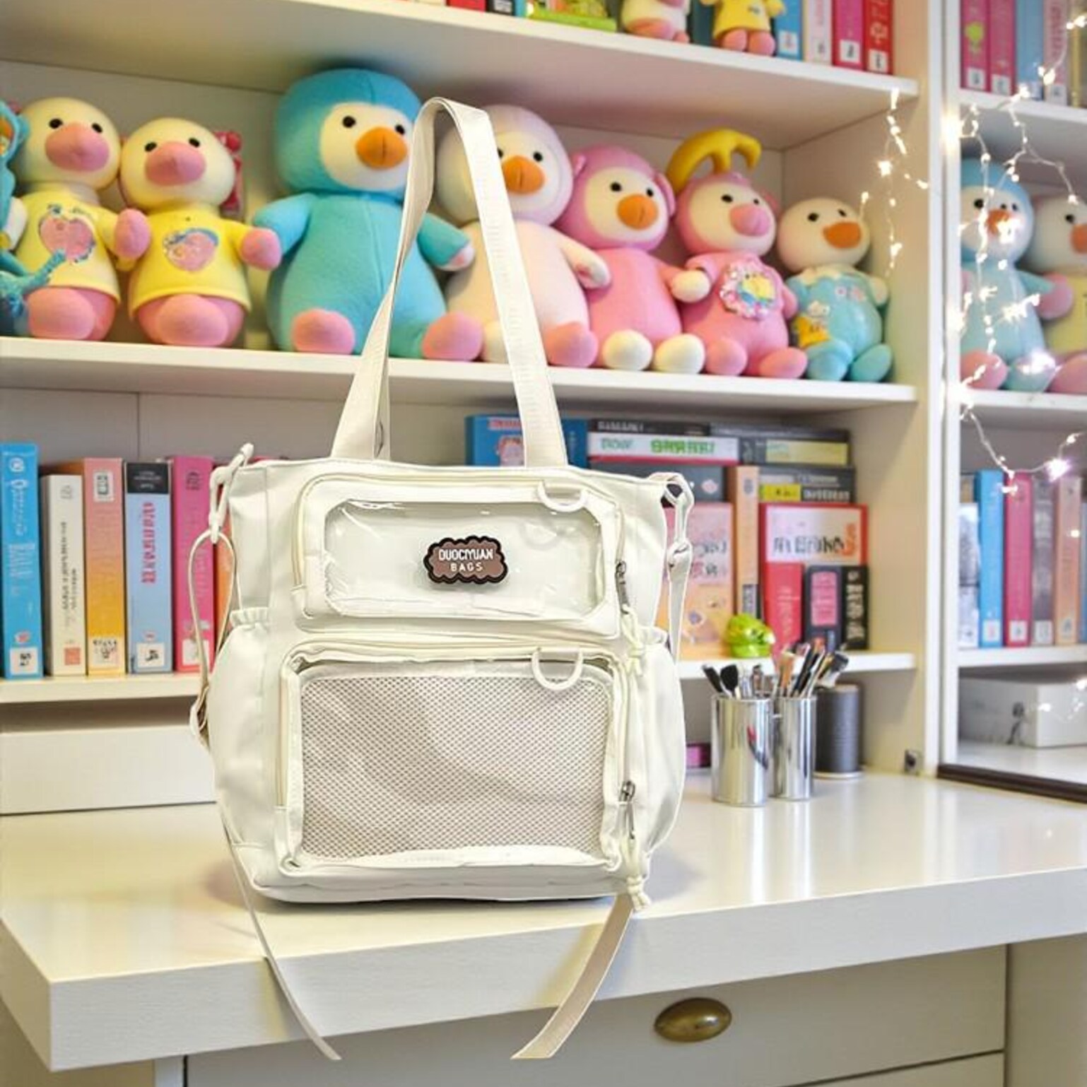 Purple Kawaii Convertible Ita Bag with Clear Window for Pin Display Purple Kawaii Convertible Ita Bag with Clear Window for Pin Display — ita bag detail view