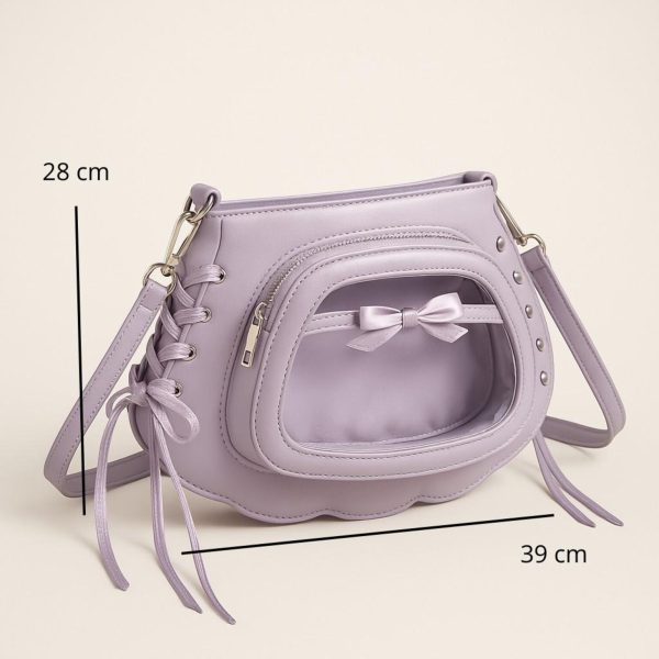Purple Kawaii Convertible Ita Bag with Clear Window for Pin Display — ita bag detail view
