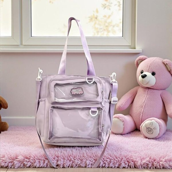 Purple Kawaii Convertible Ita Bag with Clear Window for Pin Display — ita bag detail view
