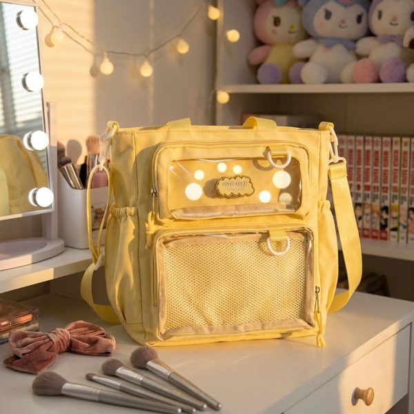 Purple Kawaii Convertible Ita Bag with Clear Window for Pin Display — ita bag detail view