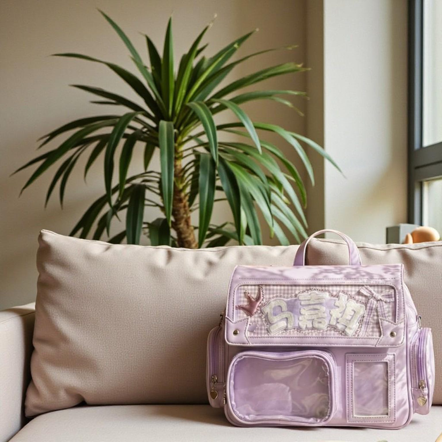 Purple Kawaii Convertible Ita Bag with Clear Window for Pin Display Purple Kawaii Convertible Ita Bag with Clear Window for Pin Display — ita bag detail view