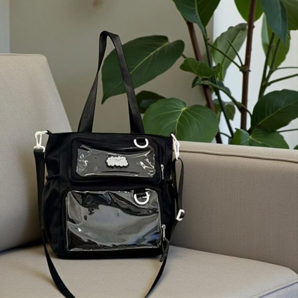 Purple Kawaii Convertible Ita Bag with Clear Window for Pin Display — ita bag detail view
