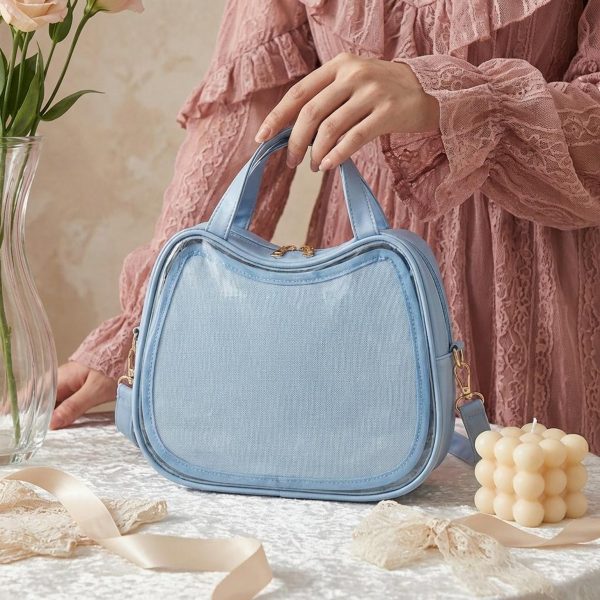 Purple Kawaii Convertible Ita Bag with Clear Window for Pin Display — ita bag detail view