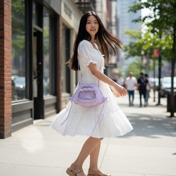 Purple Kawaii Convertible Ita Bag with Clear Window for Pin Display — ita bag detail view