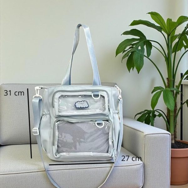 Purple Kawaii Convertible Ita Bag with Clear Window for Pin Display — ita bag detail view
