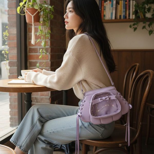 Purple Kawaii Convertible Ita Bag with Clear Window for Pin Display — ita bag detail view