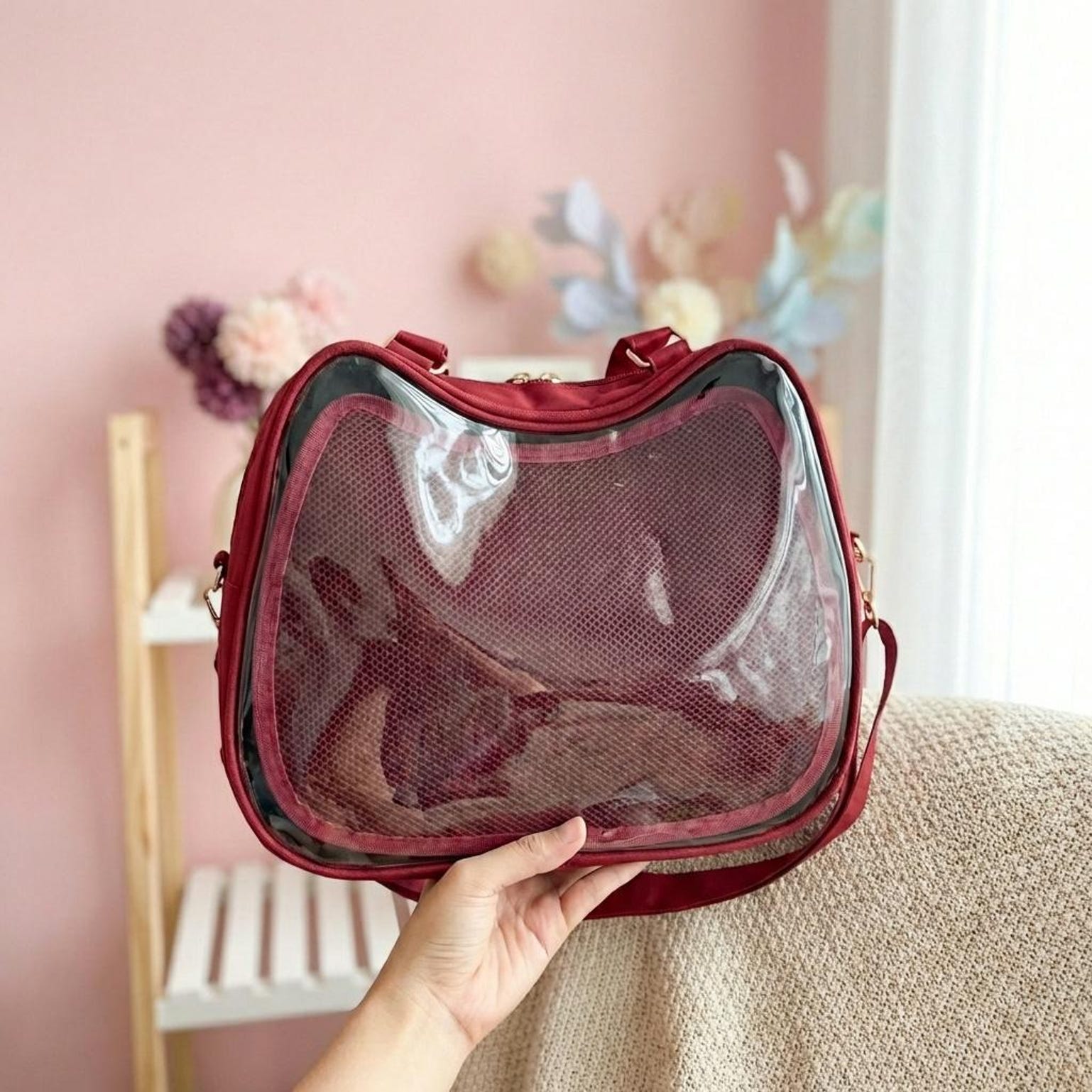 Purple Kawaii Convertible Ita Bag with Clear Window for Pin Display Purple Kawaii Convertible Ita Bag with Clear Window for Pin Display — ita bag detail view
