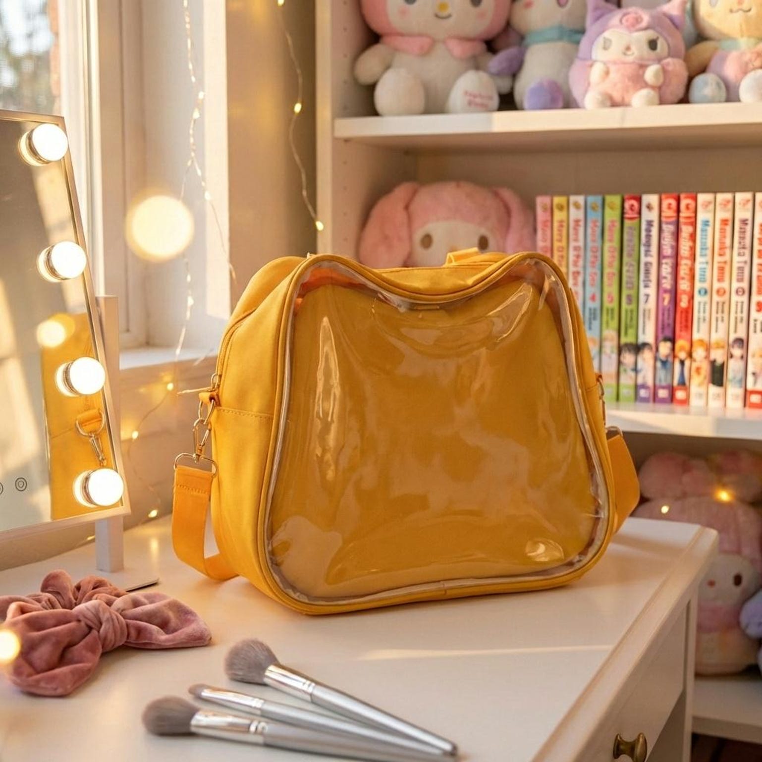 Purple Kawaii Convertible Ita Bag with Clear Window for Pin Display Purple Kawaii Convertible Ita Bag with Clear Window for Pin Display — ita bag detail view