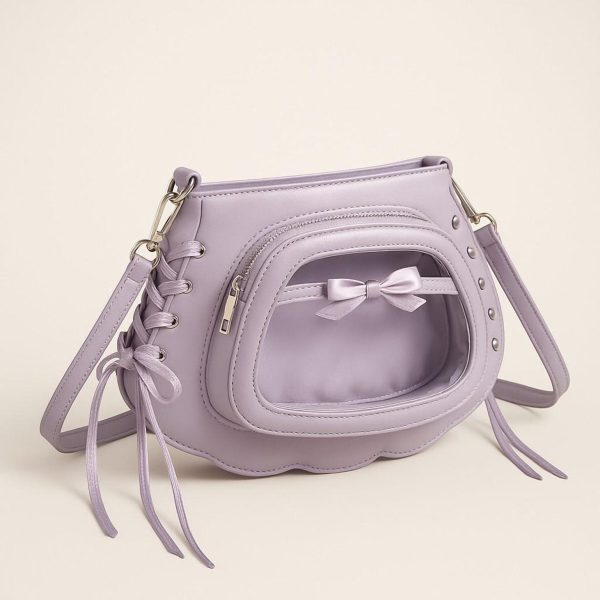 Purple Kawaii Convertible Ita Bag with Clear Window for Pin Display — ita bag detail view