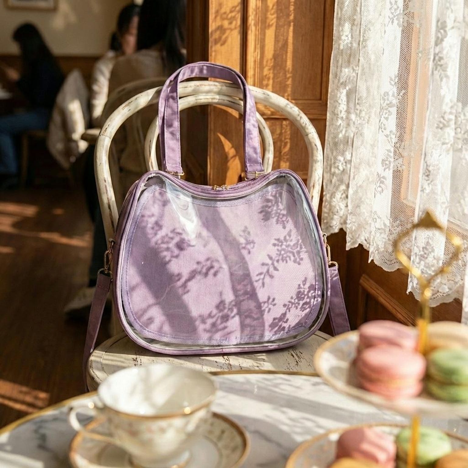 Purple Kawaii Convertible Ita Bag with Clear Window for Pin Display Purple Kawaii Convertible Ita Bag with Clear Window for Pin Display — ita bag detail view