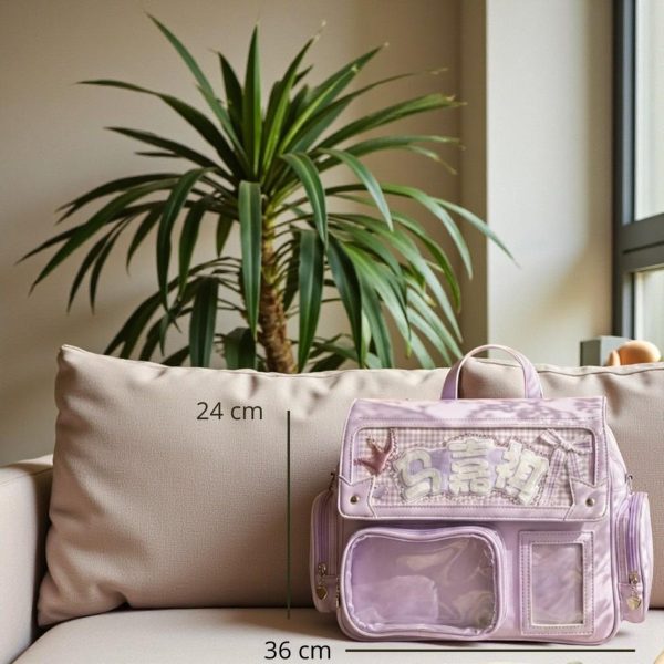 Purple Kawaii Convertible Ita Bag with Clear Window for Pin Display — ita bag detail view