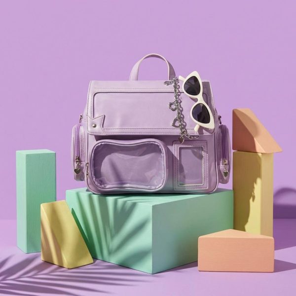 Purple Kawaii Convertible Ita Bag with Clear Window for Pin Display — ita bag with clear display window