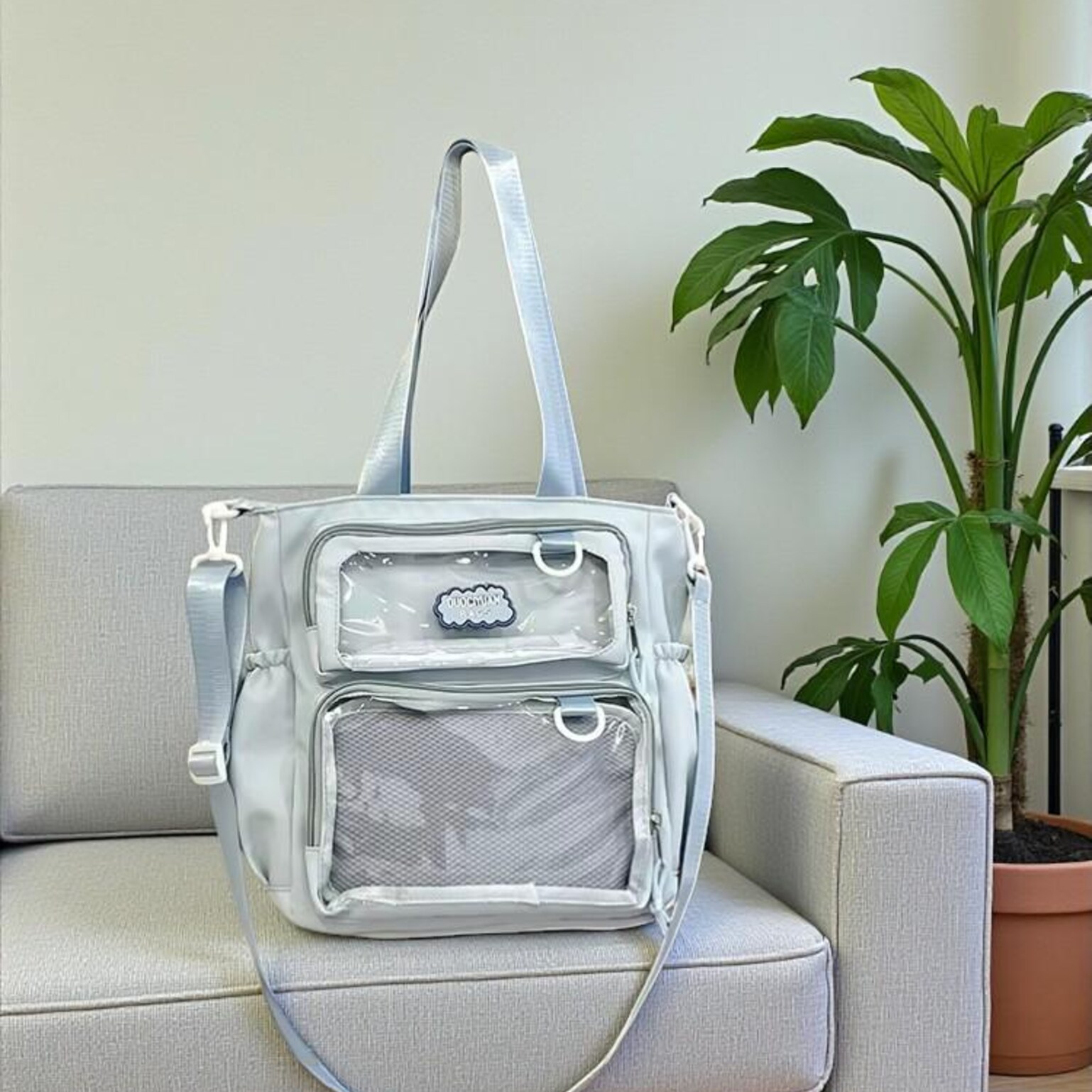Purple Kawaii Convertible Ita Bag with Clear Window for Pin Display Purple Kawaii Convertible Ita Bag with Clear Window for Pin Display — ita bag detail view