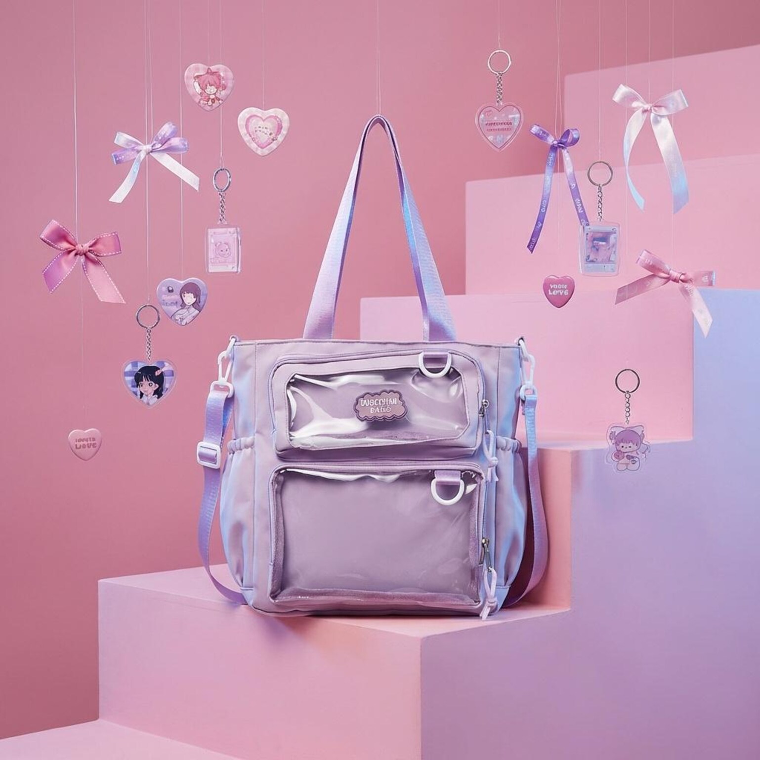 Purple Kawaii Convertible Ita Bag with Clear Window for Pin Display