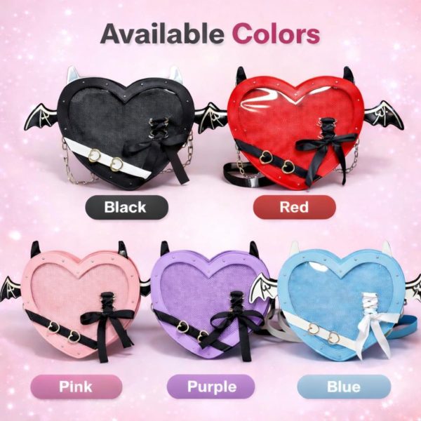 Purple Kawaii Gothic Ita Crossbody Bag with Clear Window for Pin Display — crossbody ita bag detail view
