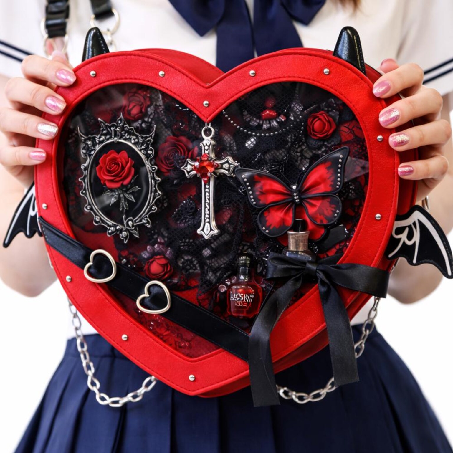 Purple Kawaii Gothic Ita Crossbody Bag with Clear Window for Pin Display Purple Kawaii Gothic Ita Crossbody Bag with Clear Window for Pin Display — crossbody ita bag detail view