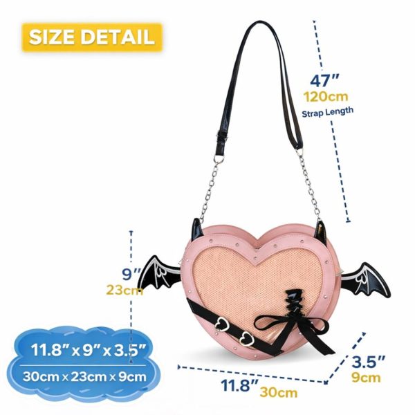 Purple Kawaii Gothic Ita Crossbody Bag with Clear Window for Pin Display — crossbody ita bag detail view
