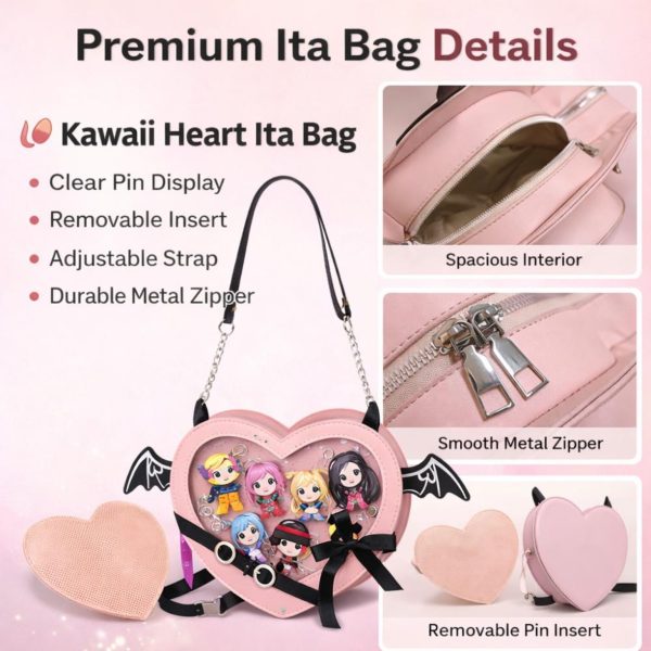 Purple Kawaii Gothic Ita Crossbody Bag with Clear Window for Pin Display — crossbody ita bag detail view