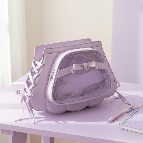 Purple Kawaii Ita Crossbody Bag for Pin Display — crossbody ita bag detail view