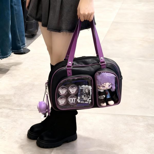 Purple Y2K Ita Shoulder Bag for Plushies and Pins — crossbody ita bag with clear display window