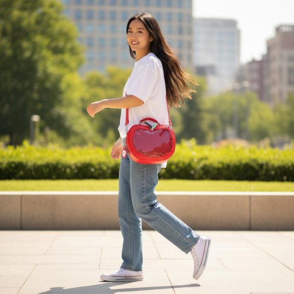Red Apple Convertible Ita Bag with Clear Window for Pin Display — ita bag detail view
