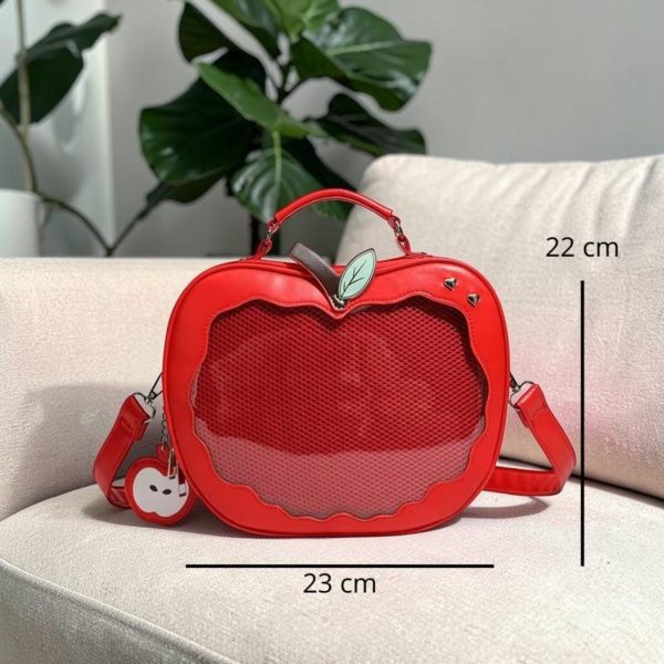 Red Apple Convertible Ita Bag with Clear Window for Pin Display — ita bag detail view