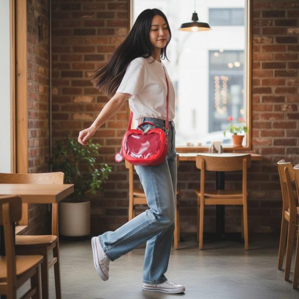 Red Apple Convertible Ita Bag with Clear Window for Pin Display — ita bag detail view