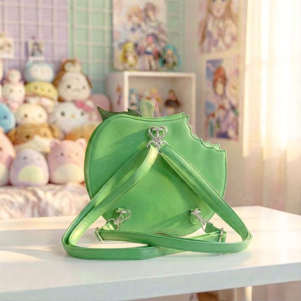 Red Apple Convertible Ita Bag with Clear Window for Plushies and Pins — ita bag detail view