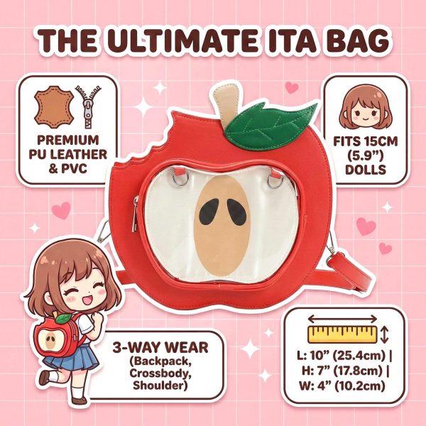 Red Apple Convertible Ita Bag with Clear Window for Plushies and Pins — ita bag detail view
