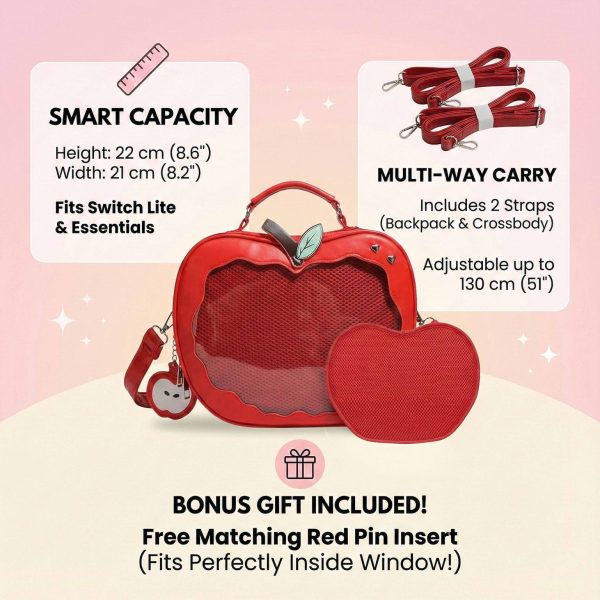 Red Apple Convertible Ita Bag with Clear Window for Plushies and Pins — ita bag detail view