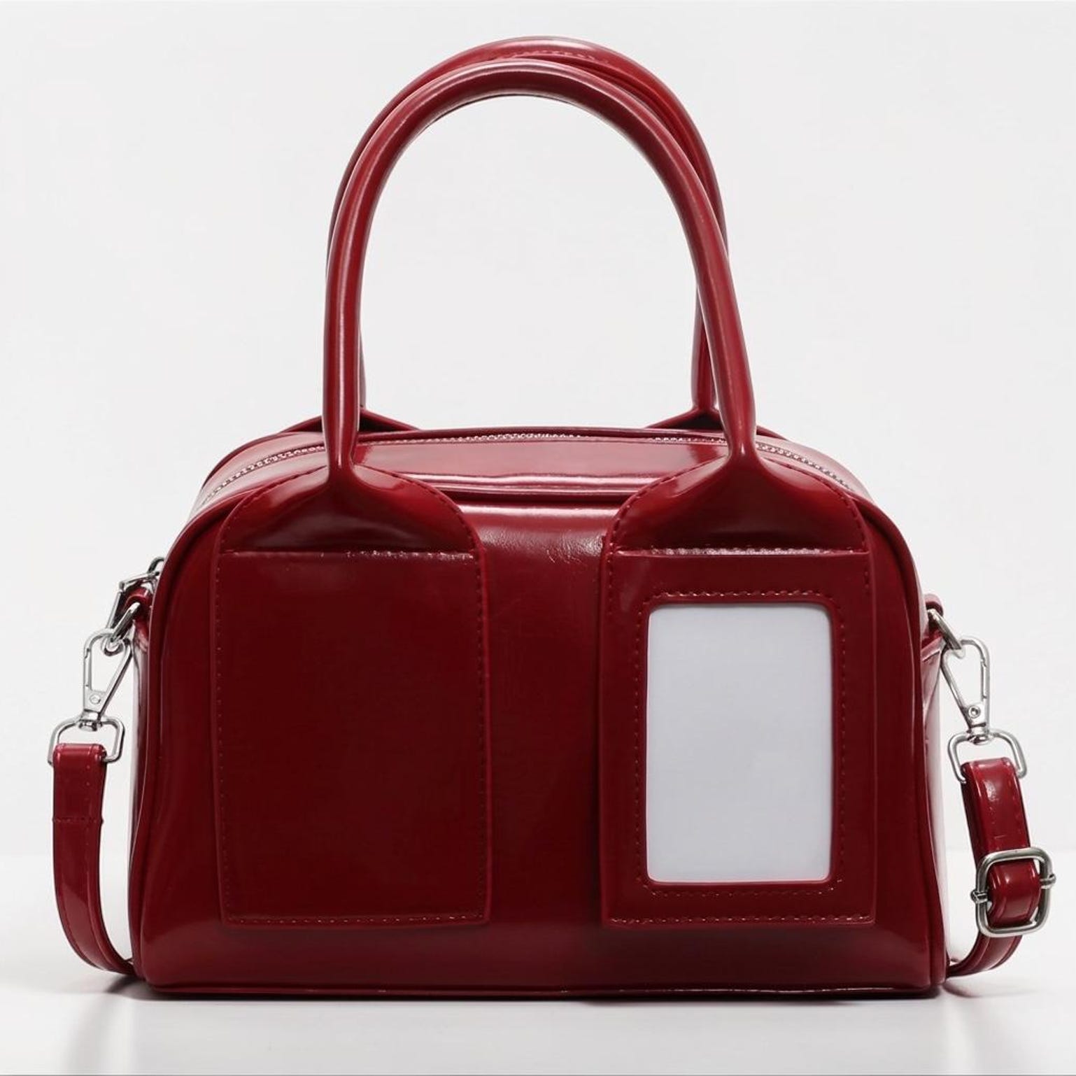 Red Kawaii Convertible Ita Bag with Clear Window for Pin Display Red Kawaii Convertible Ita Bag with Clear Window for Pin Display — ita bag detail view