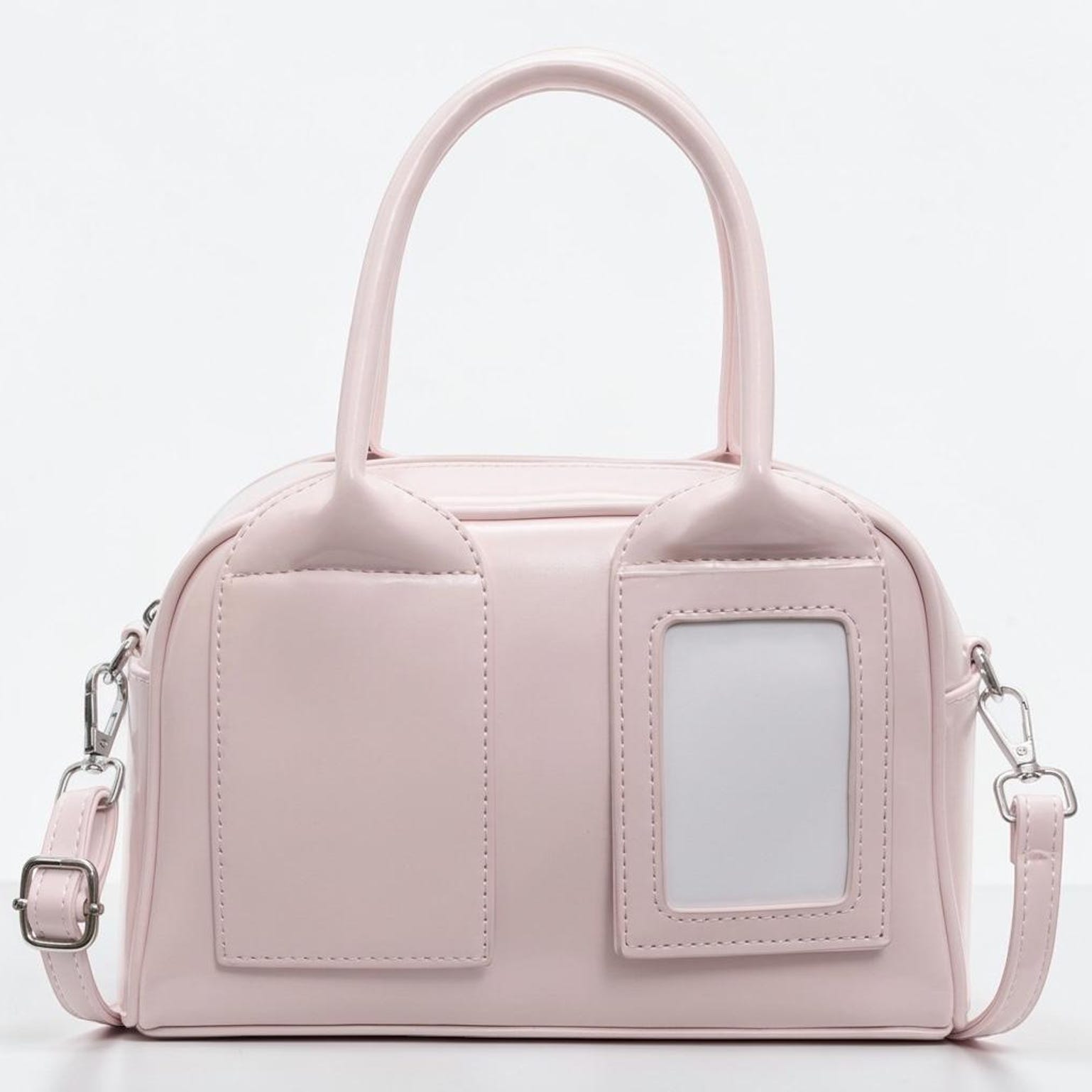 Red Kawaii Convertible Ita Bag with Clear Window for Pin Display Red Kawaii Convertible Ita Bag with Clear Window for Pin Display — ita bag detail view