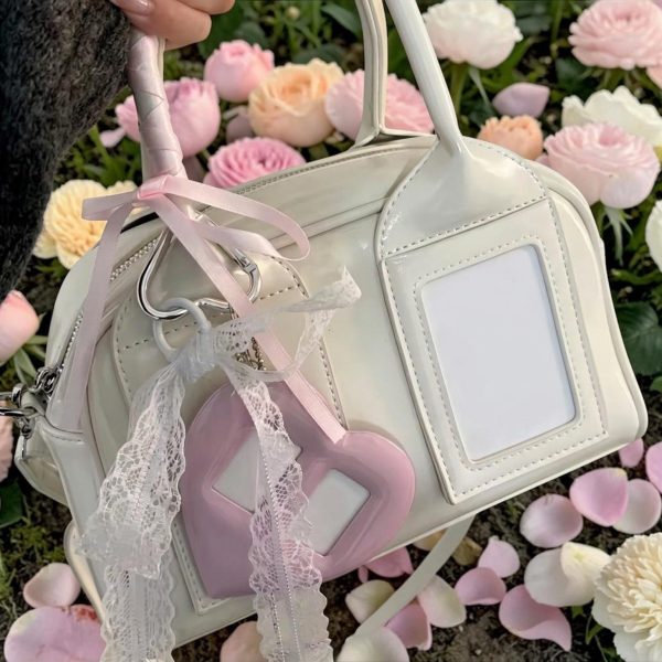 Red Kawaii Convertible Ita Bag with Clear Window for Pin Display — ita bag detail view